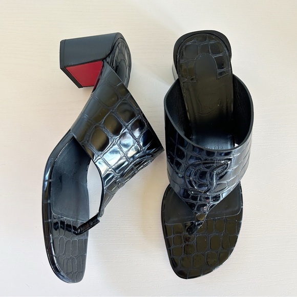 Christian Louboutin Tongamule Black Croc Embossed CL Logo Block Heels Size EU 39 - Picture 9 of 13
